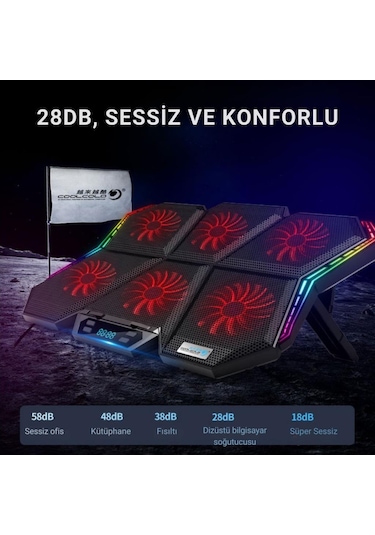 Coofbe Led Işıklı Ayarlanabilir 7 Kademeli Stand 6 Fanlı Göstergeli Notebook Laptop Soğutucu Turbo Fan