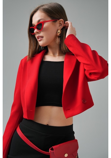 Kırmızı Kruvaze Crop Blazer Ceket Kırmızı