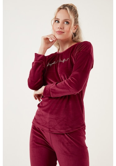 Lela Regular Fit Yumuşak Dokulu Kadife Bayan Pijama Takımı 6094200W4 Bordo