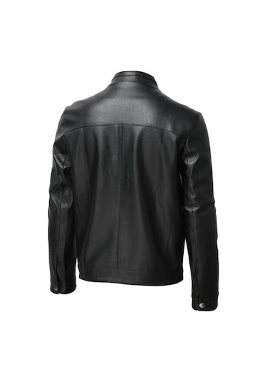 Hakiki Kuzu Derisi Fermuarlı Dik Yaka Erkek Mont Siyah