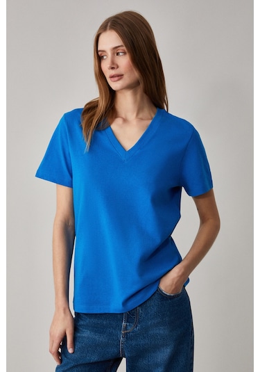 ALINE Kadın %100 organik Pamuk Derin V Yakalı Comfort Fit Parlament Mavi T-Shirt