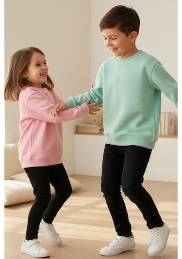 Zuzunga 2'li Basic Şardonlu Çocuk Sweatshirt Su Yeşili - Pudra 9003