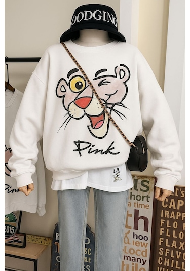 Benroma 3 İplik Penye Pink Baskılı Unisex Sweatshırt Beyaz
