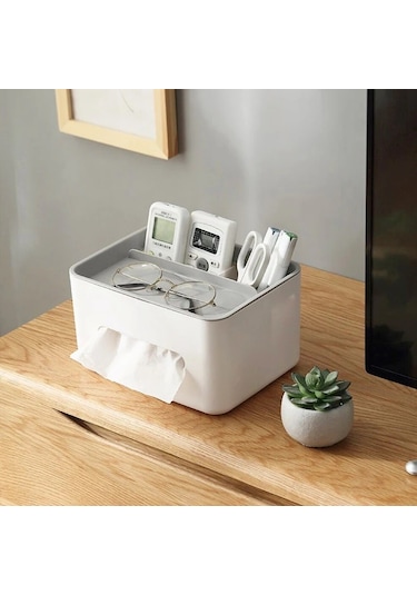 Gri-masaüstü Doku Kutusu Çok Fonksiyonlu Masa Kağıt Kutusu Mendil Kutusu Makyaj Organizatör Peçete Tutucu Telefon Uzaktan Kumanda Tutucu