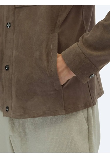 Vizon Gömlek Yaka Smart Casual Deri Mont Vizon