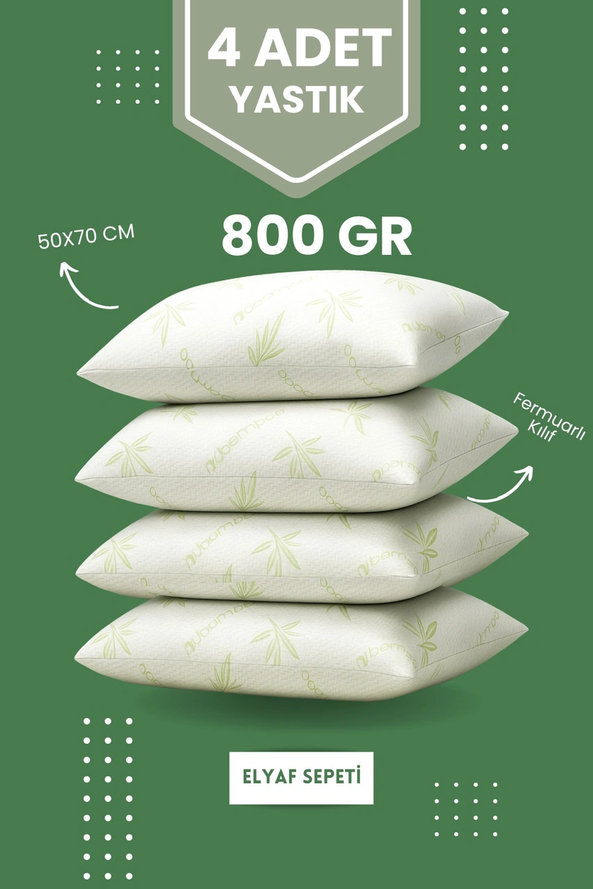 4 Adet Bamboo Kılıflı Yastık Seti Fermuarlı Yıkanabilir Antialerjik Elyaf Yastık 50x70cm 800 Gr Beyaz