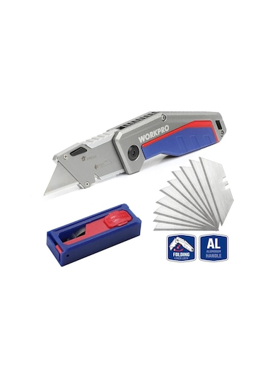 Workpro Wp211012 Ağır Hizmet Alüminyum Gövde Katlanır Rötuş Maket Bıçağı + 10 Adet Yedek Bıçak Fr Wp211012