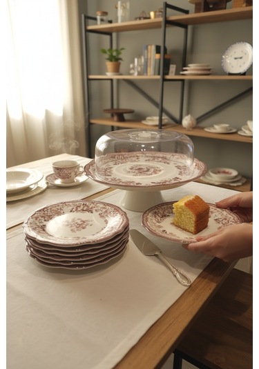 Akayev Porselen Vintage Maroon 8 Parça Pasta Seti Kırmızı