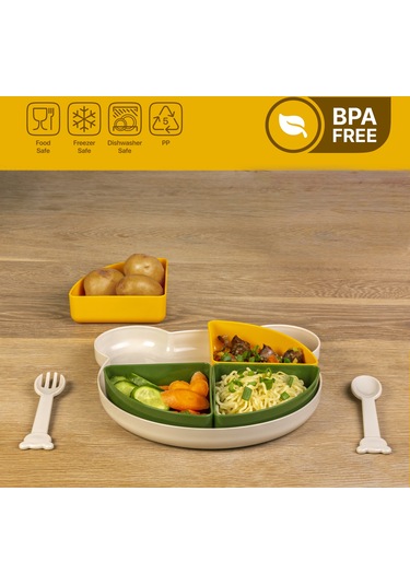 Tucklebery Buddy Ayıcık Mama Tabağı Seti – Yeşil, Sarı, Bej | Çatal-Kaşık + 5 Bölmeli, Eğlenceli & BPA İçermez, Güvenli Mama Tabağ