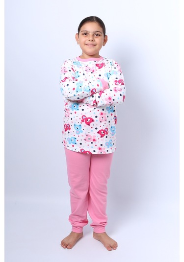 Kız Çocuk Pijama Takımı Baskılı Ribanalı C50 Toz Pembe