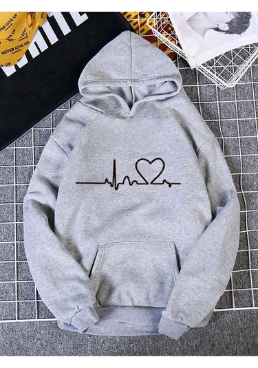 Kalp Ritimli Sweatshirt - Gri Baskılı Oversize Kalın Kışlık Kapüşonlu Gri