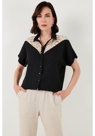 Lela Dantelli Relaxed Fit Kısa Kollu Bayan Gömlek 5865764 Siyah