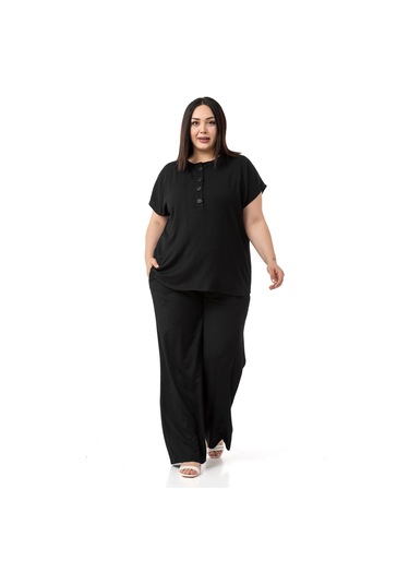 Büyük Beden Düşük Kollu Bluz Pantolon Siyah İkili Takım Siyah