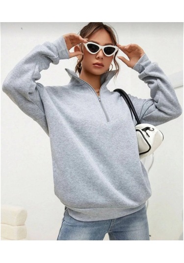 Tua Moda Unisex Uzun Kol Yarım Farmuarlı Yakalı Basic Sweatshirt - Gri Gri