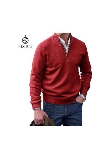 Yeni Moda Basit Çok Yönlü Sıcak Erkek Kazağı Kırmızı