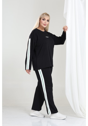 Kadın Büyük Beden Uzun Kollu Şerit Detaylı Oysho Tarzı Modal Kumaş Takım Siyah