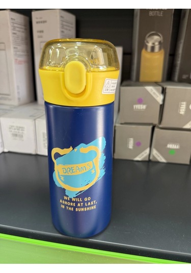 Paslanmaz Çelik Termos Su Şişesi 350ml Vakumlu Pipetli Mavi İthal Ürün Çok Renkli