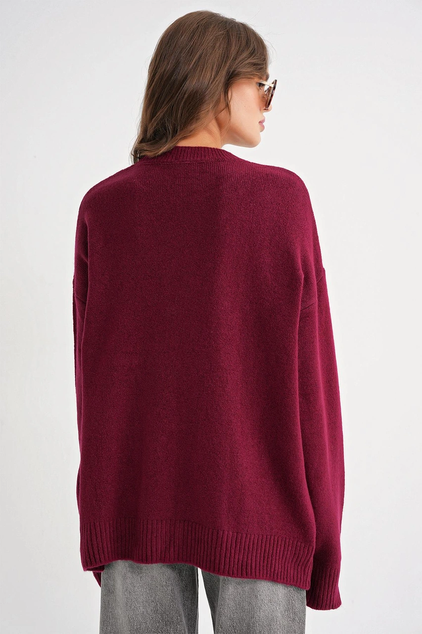 Mixray 6913 Kadın Salaş Yumuşak Dokulu Oversize Triko Kazak Bordo