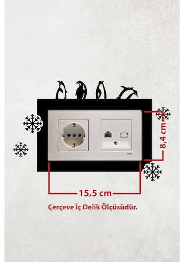 Penguen Ve Kar Tanesi Tasarımlı 2li Priz Çerçevesi İç Ölçü 15,5x8,4 Cm Dekoratif Priz Çerçeve Süsü Siyah