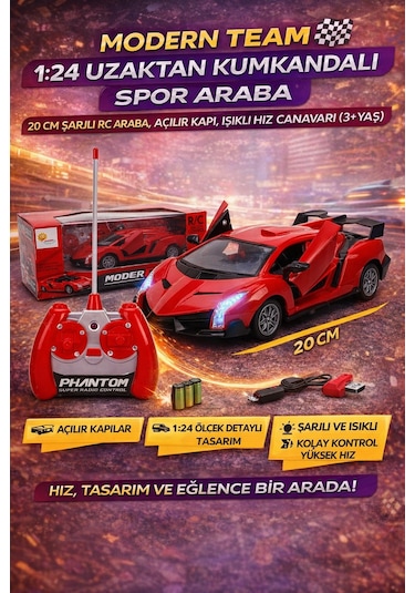 Şarjlı Uzaktan Kumandalı 20 Cm Spor Araba Modern Team Rc Yarış Arabası Açılır Kapı Kırmızı