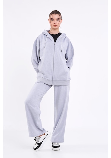 Kadın Gri Normal Kalıp Basic Beli Lastikli Kapüşonlu Oversize Mevsimlik Alt Üst Eşofman Takımı Cmre7367 Gri