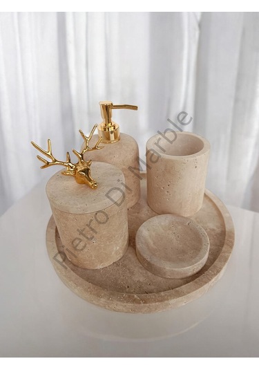 Sarı Traverten Klasik Model 5 Parça Gold Renk Geyik Aksesuarlı Banyo Seti Sarı Traverten