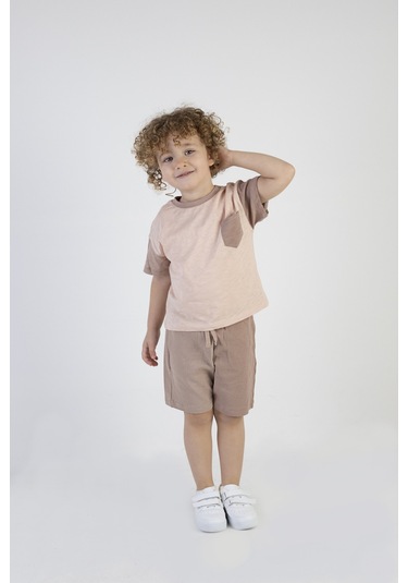 Erkek Çocuk Kahve Desen Kısa Kollu Şortlu Basic Alt Üst Takım 001