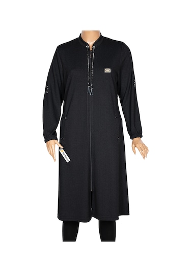 Hesna Kadın Zeren Büyük Beden Baharlık Fermuarlı Siyah Kap Ceket Siyah