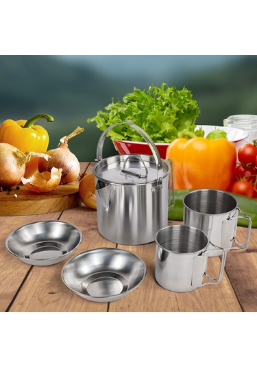 Neevoyu Kamp Çelik Su Isıtıcısı Seti - 5 Parça, Hızlı Isınma, Katlanabilir Sap, Hafif Ve Taşınabilir Gümüş