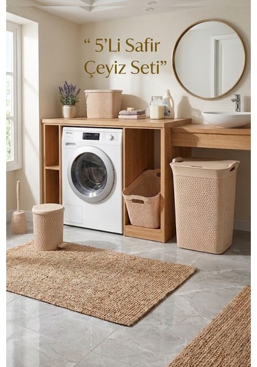 5'li Safir Çamaşır Sepeti Seti Örgü Desenli Kahverengi