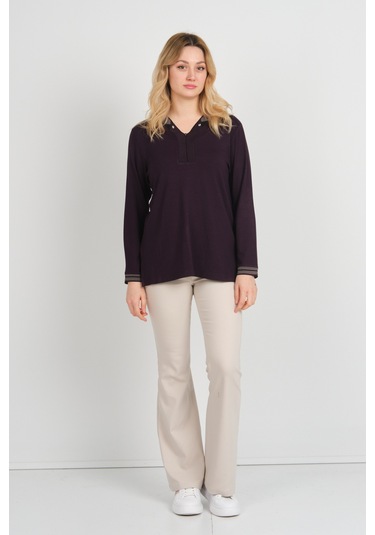 Detay Triko Kadın V Yaka Ve Yakası Taş Detaylı Uzun Kollu Anne Bluz 5711 Mürdüm Mürdüm
