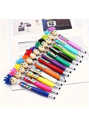 Bebek Kafası Peluş Çizgi Film Saç Paspası Kafası Gülen İfade Portre Tüylü Kafa Dokunmatik Ekran Silme Tükenmez Kalem 10个