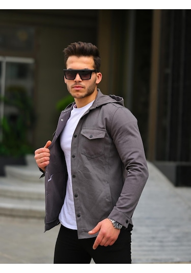 Antrasit Renk Kapüşonlu Kot Ceket-1451 Antrasit