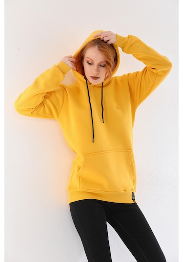 Everest Everst Kapüşonlu 3 İplik Şardonlu Kanguru Cepli Sweatshirt Sarı