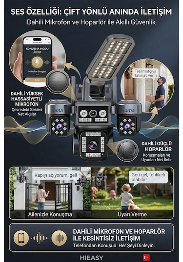 4 Kameralı Sim Kartlı Kamera, 2 Solar Panelli, Ptz Aydınlatmalı, 2 Yönlü Konuşma, Çakar