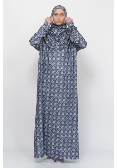 Pratik Tek Parça Güneş Desenli Kollu Tak Çıkar Başörtülü Likralı Tesettür Namaz Elbisesi 990-0302 Lacivert Antrasit