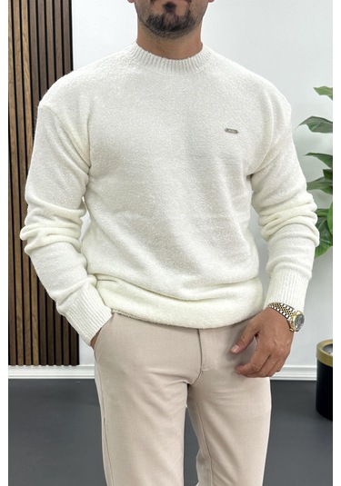 Erkek Bisiklet Yaka Buklet Kumaş Kazak Beyaz Edw419 Beyaz