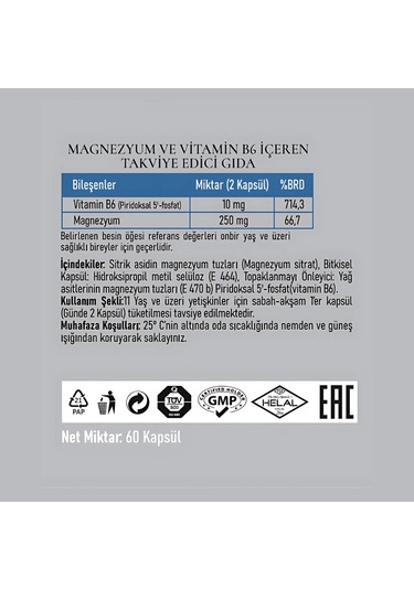 PadroVita Magnezyum ve B6 Vitamini İçeren Takviye Edici Gıda 2 x 60 Kapsül