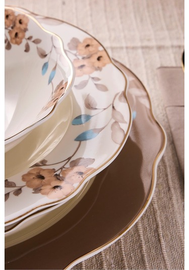 Porselen Flore Bone 24 Parça 6 Kişilik Yemek Takımı Desenlı Desenli