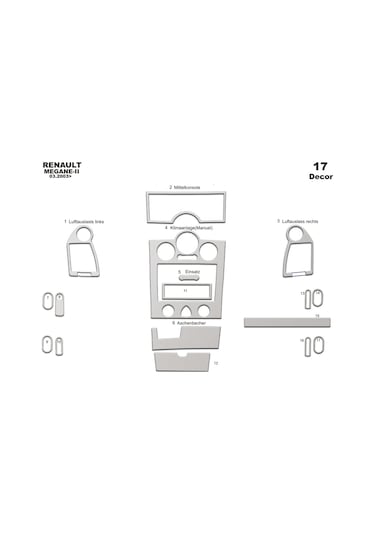 Renault Megane 2 Konsol-torpido Kaplama Digital Klima 2003-2009 17 Parça-alüminyum Alüminyum