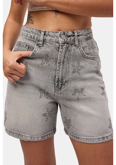 Itsbasic Kadın Füme T-4s6-12 Mom Relax Yıldız Detaylı Tasarım Denim Şort