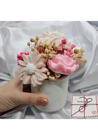 El Yapımı Gül Ve Papatya Mum Alçı Saksı Hediyeli