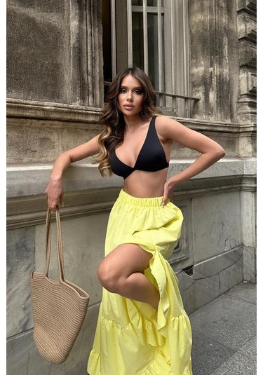 Audrey Fıfrlı Yırtmaç Detay Etek 4037 Sarı