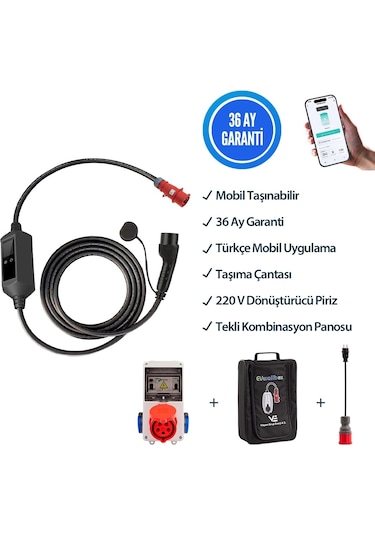 Evwallbox 22 Kw Taşınabilir 5mt Tip2 Kablolu Wifi+bluetooth Mobil Uygulama + Tekli Kombinasyon Panosu 22 Kw