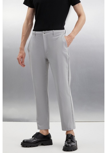 Vassel Erkek 360 Derece Esneyen Teknik Kumaşlı Fermuarlı Kordonlu Boru Paça Gri Pantolon