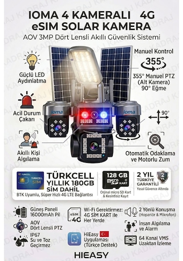 4 Kameralı Sim Kartlı Kamera, 2 Solar Panelli, Ptz Aydınlatmalı, 2 Yönlü Konuşma, Çakar