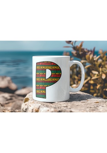 P Harfi Etnik Desenli Kupa - Afrika Tarzı Kahve Çay Kupası - Hediyelik - Black History Beyaz