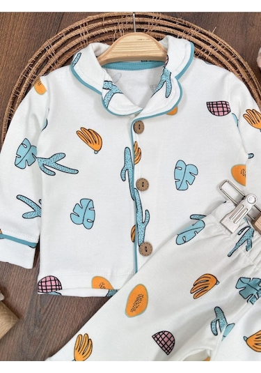 Kruvaze Yaka %100 Pamuk Önden Düğmeli Mevsimlik Ünisex Bebek Ve Çocuk Pijama Takımı 4bb2 Beyaz