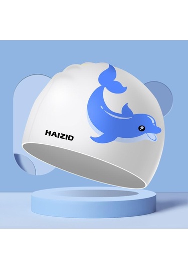 Beyaz Çocuk Yüzme Kapakları Kız Erkek Sevimli Karikatür Yunus Uzun Saç Çocuklar İçin Dayanıklı Silikon Su Geçirmez Elastik Yüzmek Kapakları Beyaz