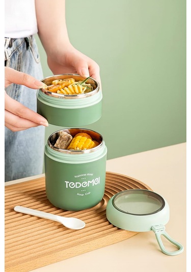 Dekorasyaa 2 Katlı Lunch Box - Yeşil - Paslanmaz Çelik - Kaşıklı - Yemek Taşıma Kabı - 710ml Yeşil